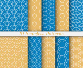 Seamless pattern set in arabic style. Stylish graphic colored geometric linear background. Line art texture for wallpaper, card, invitation, banner, fabric print. Ethnic ornament, vector illustration
