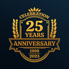 25 years anniversary icon or logo. Vintage birthday banner design. 25th anniversary yubilee celebration badge or label. Vector illustration.