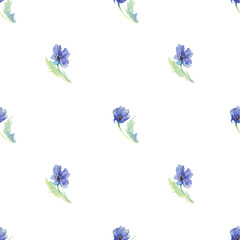 Obraz na płótnie Canvas Seamless pattern with watercolor blue flowers. Design for wrapping paper, wallpaper, textile, backdrop and other. Delicate hand drawn botanical pattern. Floral mood.