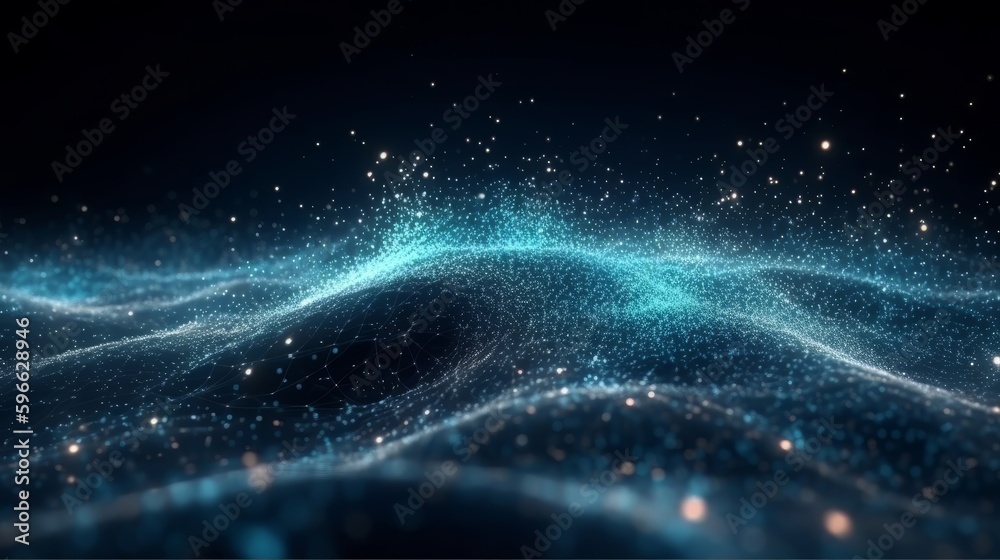 Aufkleber Digital dynamic cyber wave. Abstract futuristic blue background with dots and lines. Big data visualization. 3D rendering. Generative ai