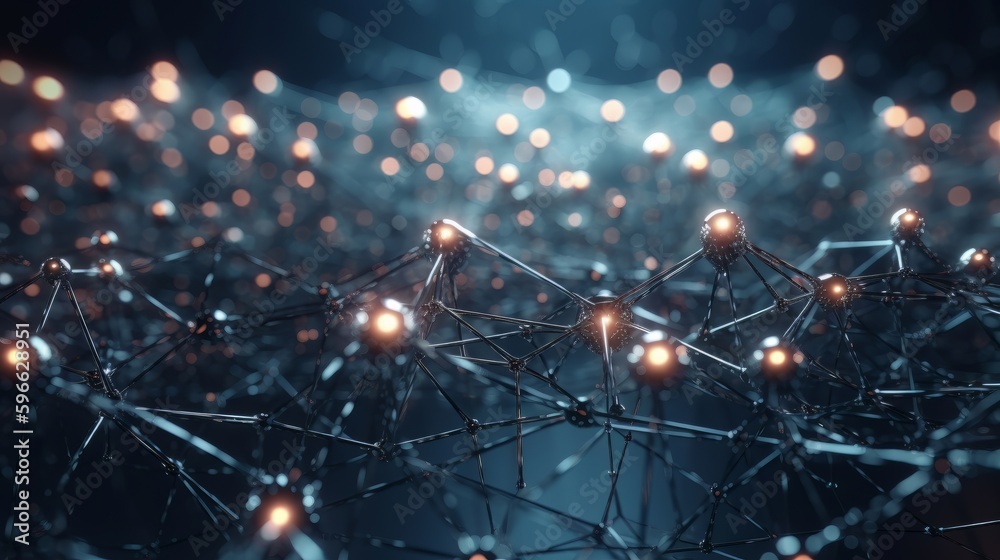 Fototapete Digital dynamic cyber wave. Abstract futuristic blue background with dots and lines. Big data visualization. 3D rendering. Generative ai