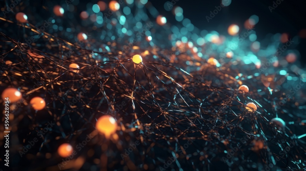 Poster Digital dynamic cyber wave. Abstract futuristic blue background with dots and lines. Big data visualization. 3D rendering. Generative ai
