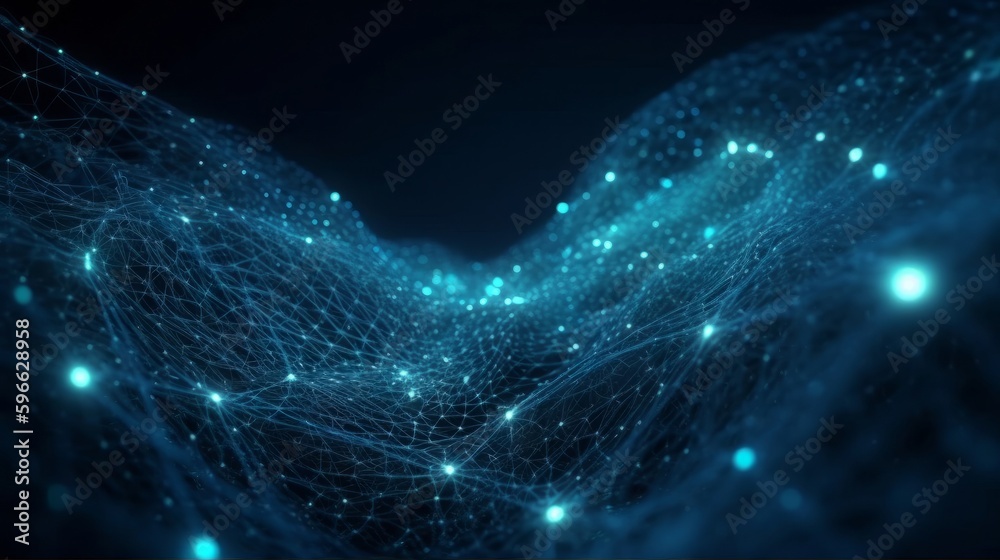 Poster Digital dynamic cyber wave. Abstract futuristic blue background with dots and lines. Big data visualization. Generative ai