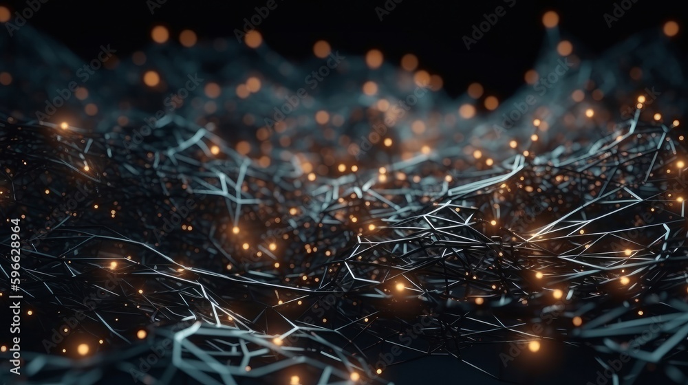 Poster Digital dynamic cyber wave. Abstract futuristic blue background with dots and lines. Big data visualization. Generative ai