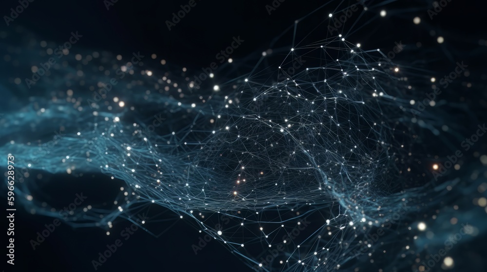 Poster Digital dynamic cyber wave. Abstract futuristic blue background with dots and lines. Big data visualization. Generative ai