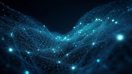 Digital dynamic cyber wave. Abstract futuristic blue background with dots and lines. Big data visualization. Generative ai