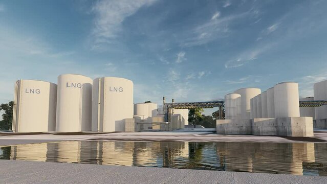 LNG white industrial tanks for fuel storage.Liquefied natural gas distribution station . Terminal LNG. 
