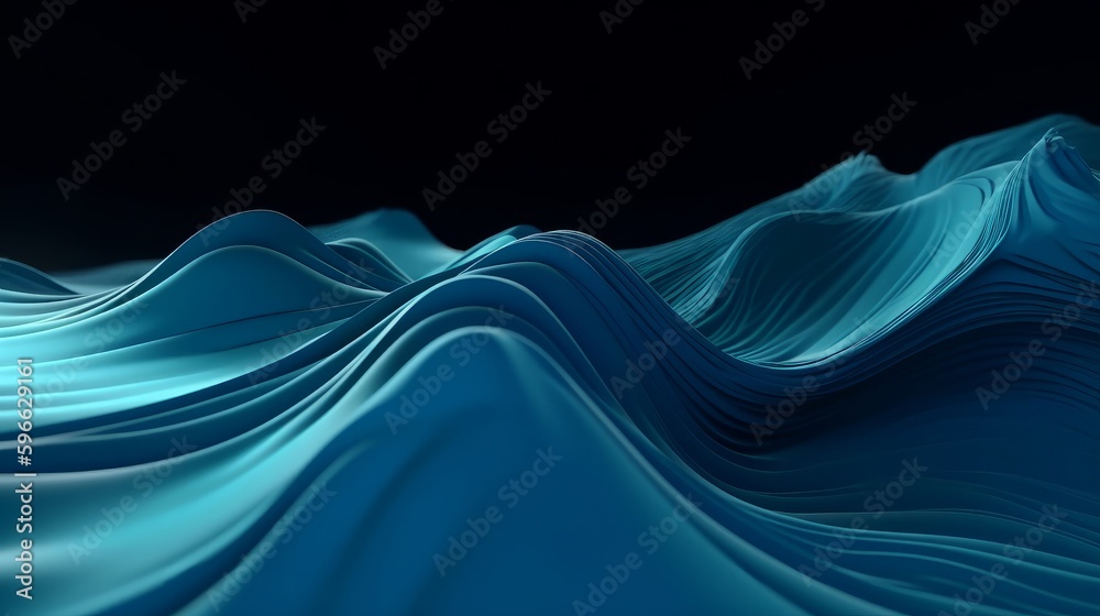 Poster Digital dynamic cyber wave. Abstract futuristic blue background with dots and lines. Big data visualization. 3D rendering. Generative ai