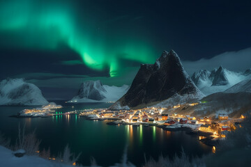ilustración de un paisaje con pueblo  nevado entre montañas en noruega por la noche con la aurora boreal.ai generative