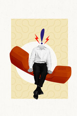 Vertical collage of headless exclamation mark anxiety boy receive phone call threat fraudsters bad...