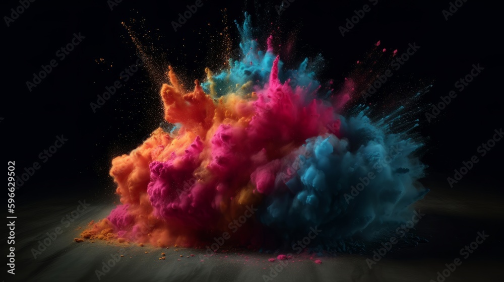 Poster colored powder explosion. copy space. generative ai