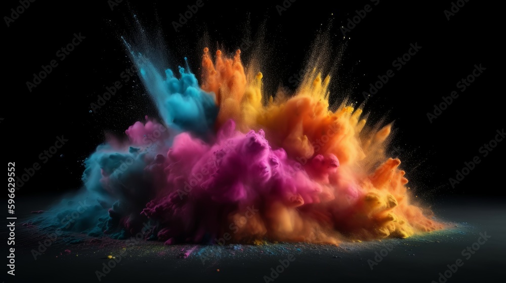Poster colored powder explosion. copy space. generative ai