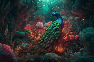 Psychedelic forest with colorful mushrooms, birds, and plants in vivid peacock hues. Illustrated art style. Generative AI