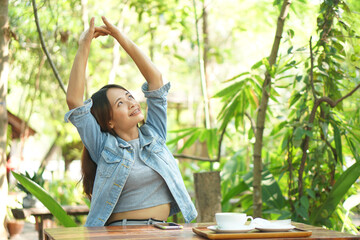 happy smiling woman in coffee cafe