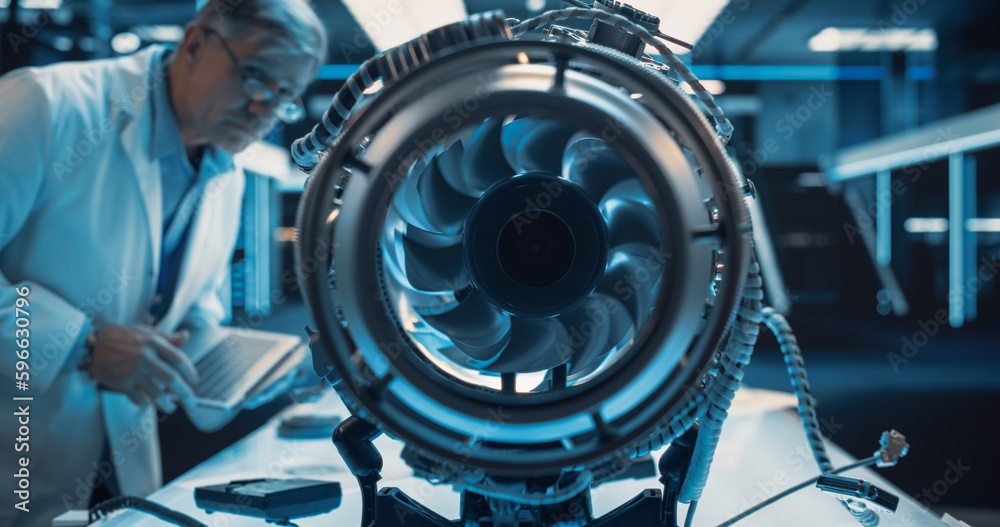 Aufkleber middle aged industrial turbine specialist working on an innovative invention. scientist using a lapt