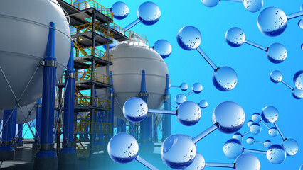 Hydrogen power plant. Gas storage equipment. Spherical tanks for h2 energy. Molecules of hydrogen....