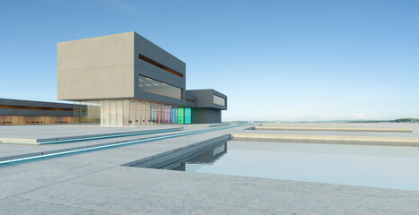 3D Modern architecture with a pond