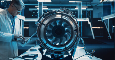 Middle Aged Industrial Turbine Specialist Working on an Innovative Invention. Scientist Using a...