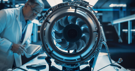 Middle Aged Industrial Turbine Specialist Working on an Innovative Invention. Scientist Using a Laptop Computer to Develop a High Tech Prototype Electric Jet Motor © Gorodenkoff