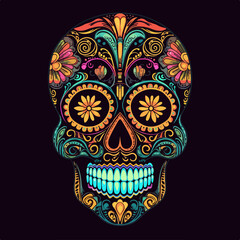 Sugar Skulls. Day of the Dead Skull, isolated on black background. Dia de los Muertos. Mexican sugar skull. Design for logo, emblem, sign, poster, card, banner. Color	