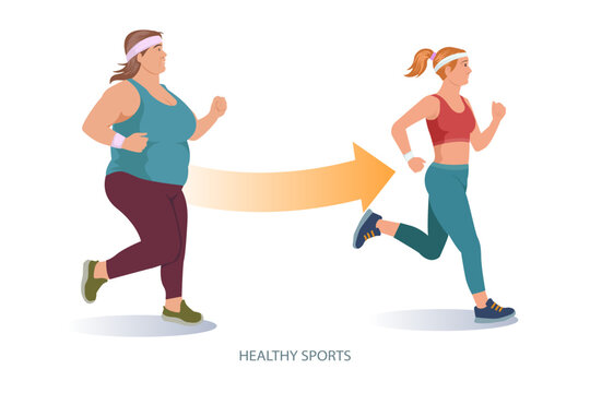 Running for slimming. Jogging people. From fatty and unhealthy health and beauty.  Young attractive female. Athletic body. Fat woman.Vector illustration