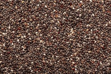 Chia seeds close up. Chia seeds macro. Dry healthy supplement for proper nutrition.