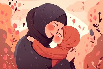 Mothers day flat illustration. Happy hijab mom with little cute daughter greeting card, spring holiday poster template. Generative ai