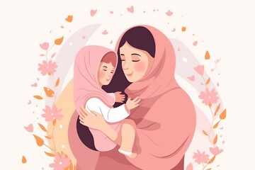 Mothers day flat illustration. Happy hijab mom with little cute daughter greeting card, spring holiday poster template. Generative ai