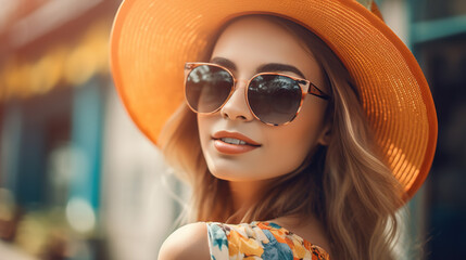 Pretty woman in summer, in the sun, wearing sunglasses and a hat. generate by ai