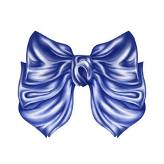 Elegant multi-layered bow made of blue satin fabric. Digital illustration on a white background. Decorative element for wrapping gifts, flowers. The work of a seamstress to complement festive clothes