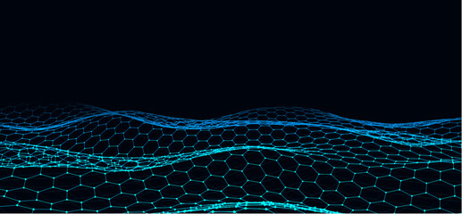Blue hexagon wave with motion dots and lines. Abstract digital background. Concept connection big data. Futuristic technology backdrop. 3D rendering.