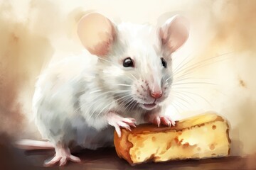White fat mouse eating cheese. Generate Ai