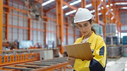Manufacturing woman employees holding clipboard in hand checking quality of steel metal at industry...