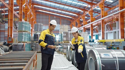 Male and female industrial engineers discuss and checking stock of steel metal at industry...