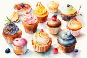 Watercolor cupcakes, cakes and coffee on white background. Ideal for coffee shops, restaurant and menu. Sweet coffee and desserts. Generative AI