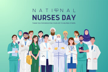 National Nurses day is observed on 6th May of each year, to mark the contributions that nurses make to society. Vector illustration of group of nurses. - obrazy, fototapety, plakaty
