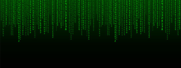Matrix background. Cyber security with binary code. Rapidly falling randomly white numbers. Decoding algorithms hacked software. Big data visualization.