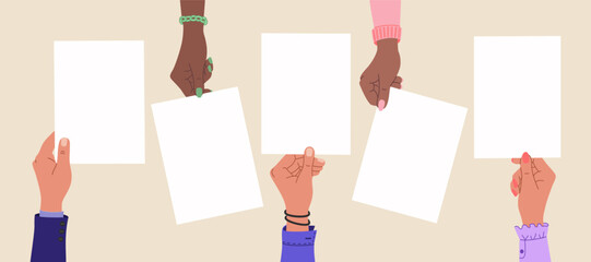 Five human hands holding empty blank papers. Hand drawn vector illustration isolated on light background. Flat cartoon style.
