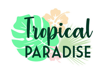 Destino de vacaciones. Logo aislado con texto manuscrito Tropical Paradise con silueta de plantas tropicales