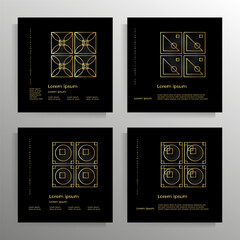 Cover for book, brochure, booklet, flyer, poster, folder. Modern geometric design with golden lines. Set of square format vector templates.