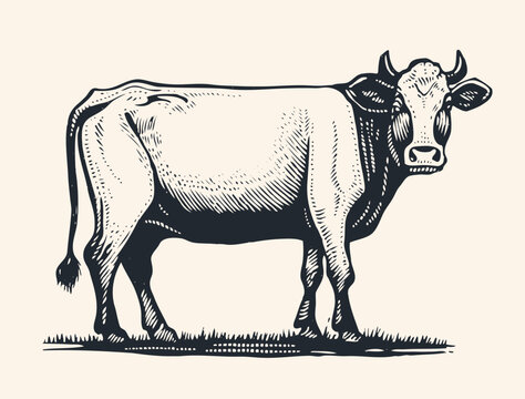 Hand Drawn Cow. Engraving Style. Vector Illustration