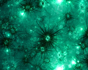 Abstract fractal art background that resembles viruses or other microorganisms seen under a microscope.