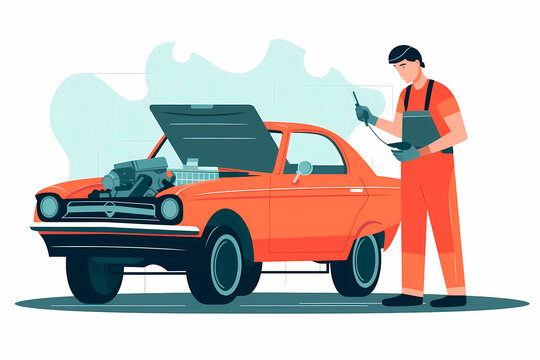 A male mechanic repairing a red car in a garage, generative AI.