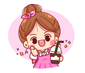 Cute girl holding coffee mug cartoon food logo vector art illustration