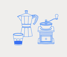 Moka pot, glass of coffee, manual coffee grinder. Coffee time composition. Line art, retro. Vector illustration for coffee shops, cafes, and restaurants.