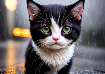 Cute kitten in the rain in the city center. Generative AI.