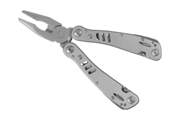 Unfolded multitool on a white background. Pliers in multitool isolated on white background.