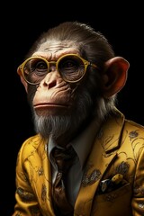 Monkey portrait with eyeglasses in a stylish yellow suit on black background. Beautiful realistic illustration. Image is AI generated.