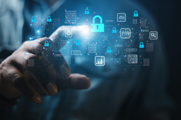 cybersecurity concept Business man shows how to protect cyber technology network from attack by hackers on the internet. 