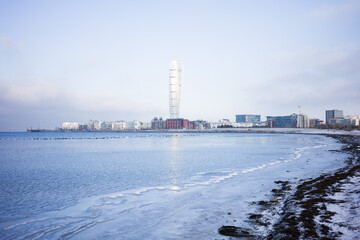turning torso and beach during winter day 